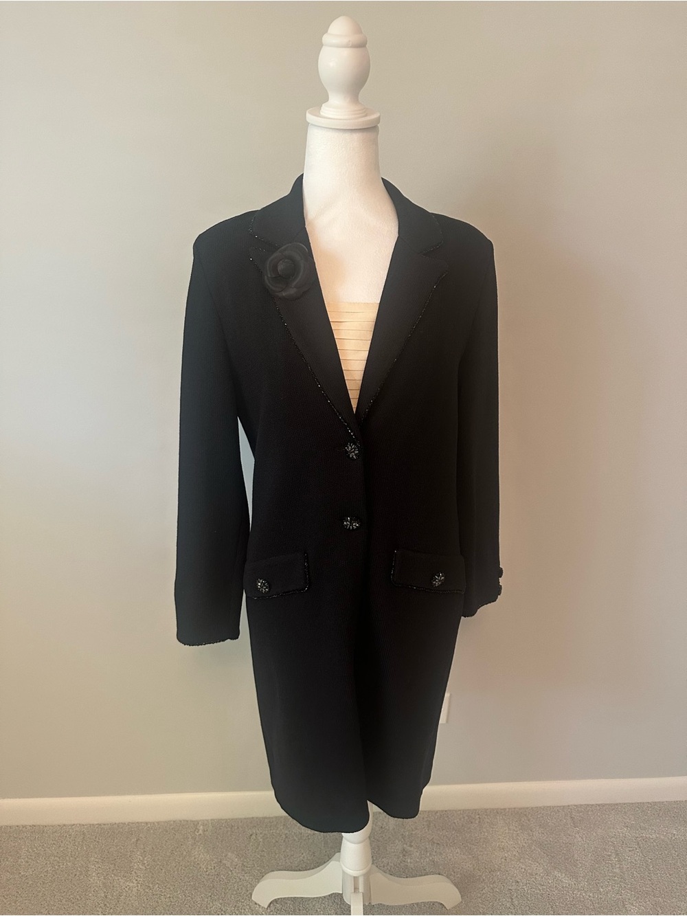 St.Johns Vintage Classic Black Women's Long Coat with Decorative Flower Size S